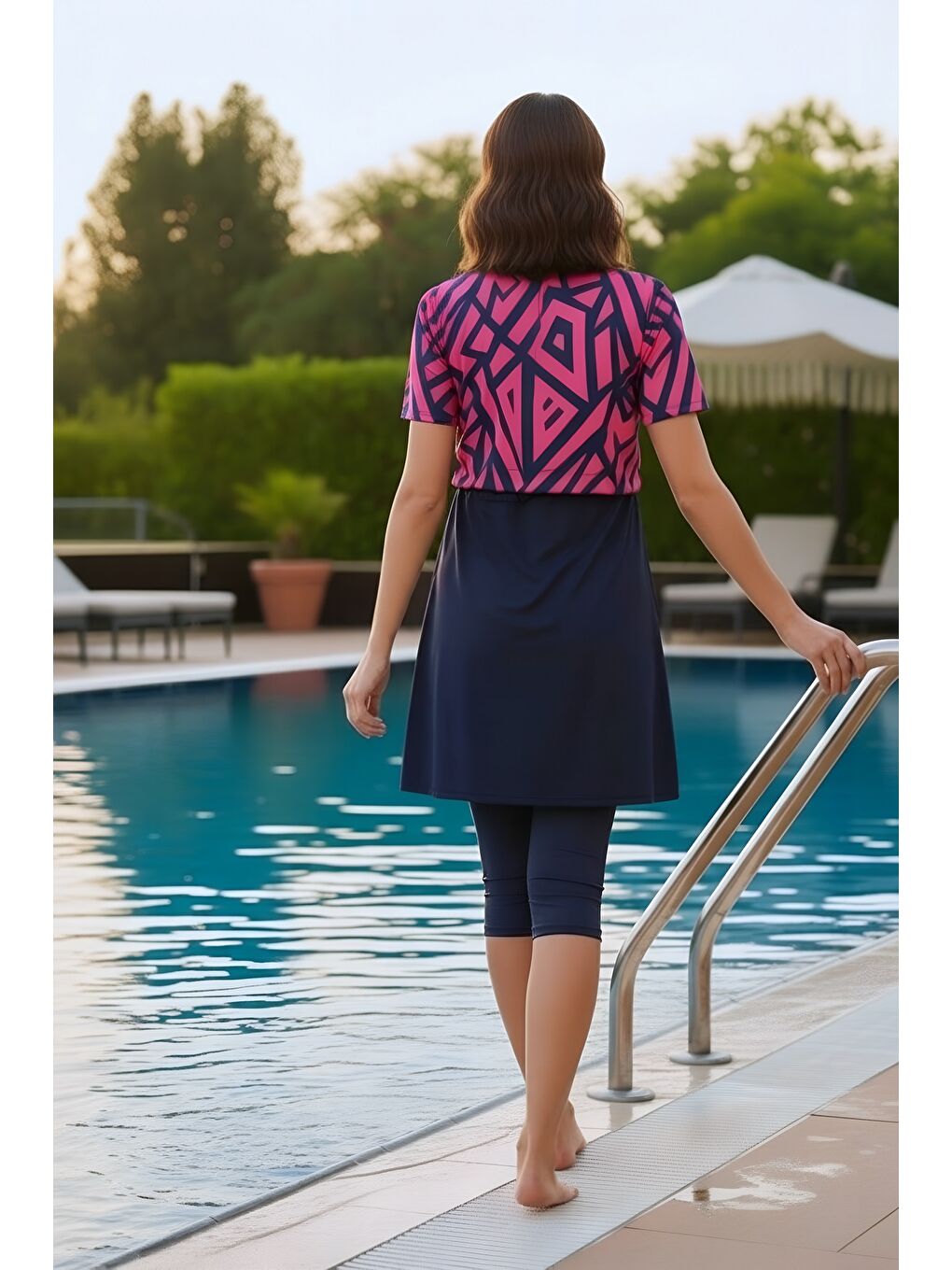 Lacivert Hızlı Kuruyan Esnek Paraşüt Kumaş 4 Parça Kısa Kollu Yarı Kapalı Mayo 3417-4