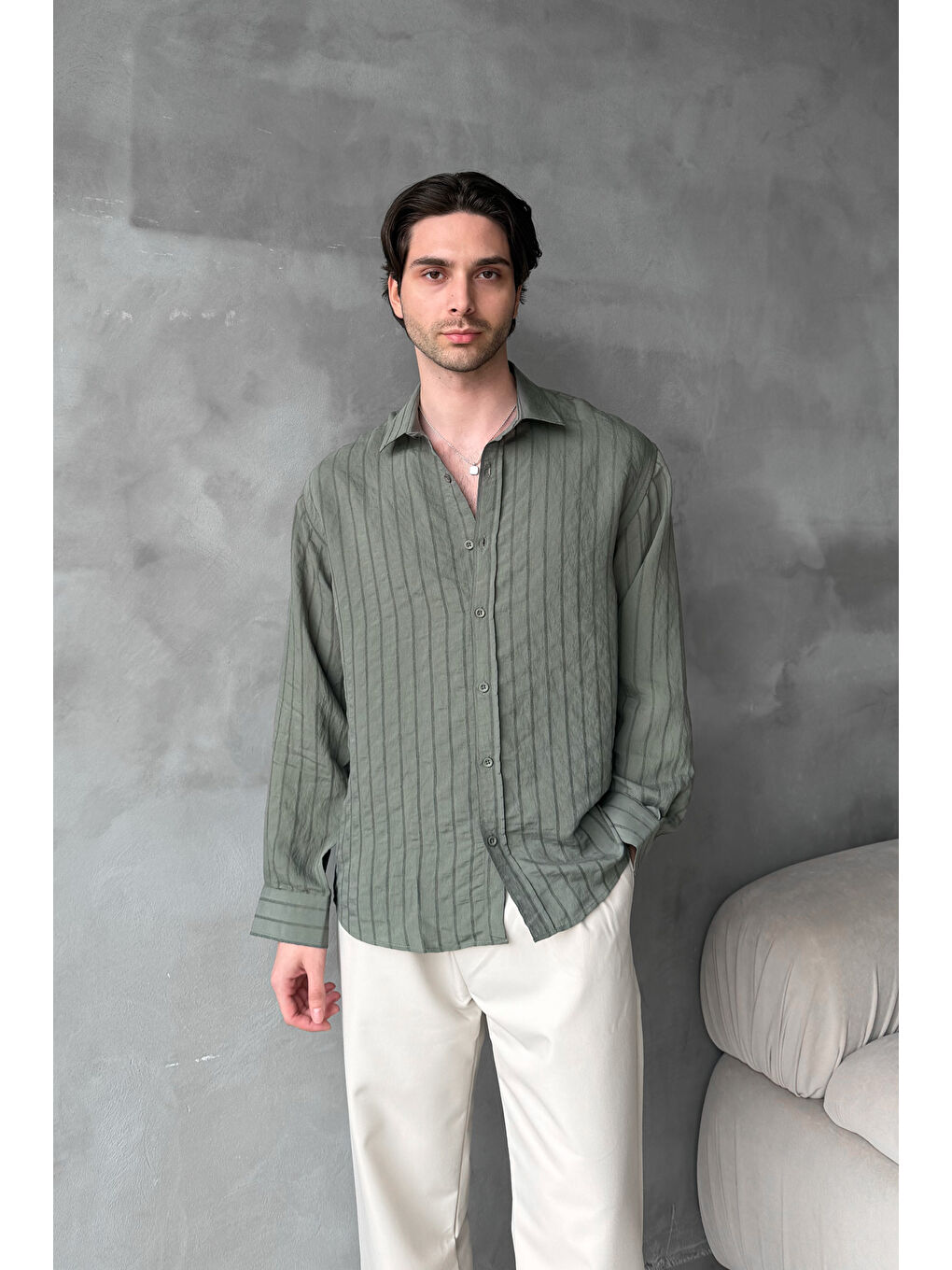 Haki Erkek Oversize Çizgili Modal Gömlek-6