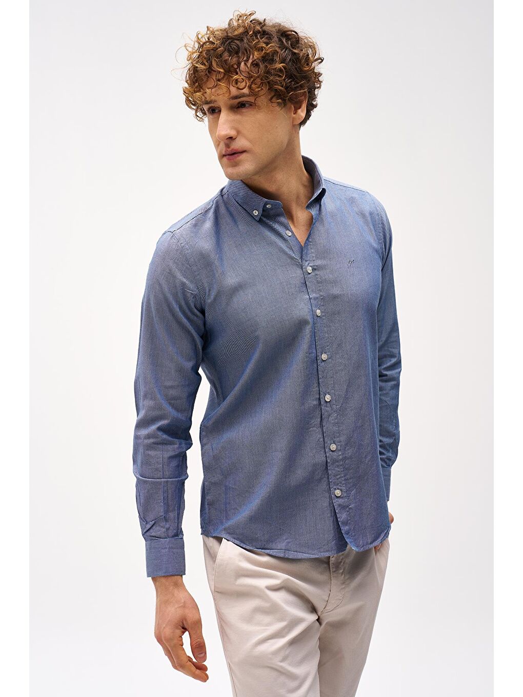 Lacivert Dynamic Fit Düğmeli Yaka Düz Uzun Kollu Cepsiz Pamuklu Gömlek-2