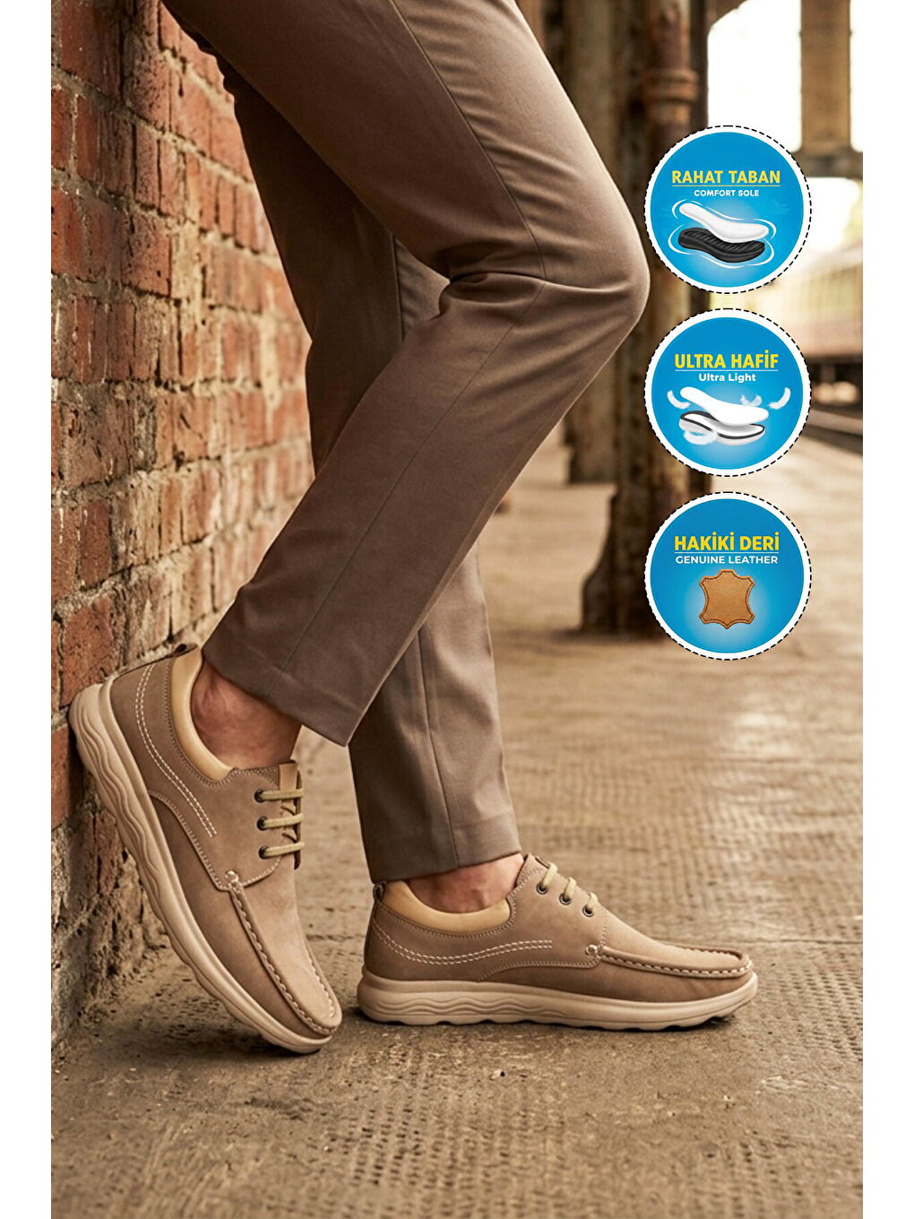 Ekru Premium Kum Nubuk Hakiki Deri Erkek Casual Ayakkabı 2407 M-2