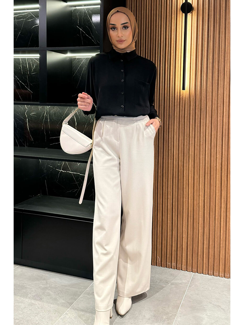 Bej Kadın Yüksek Bel Cırtlı Bol Paça Palazzo Tesettür Pantolon