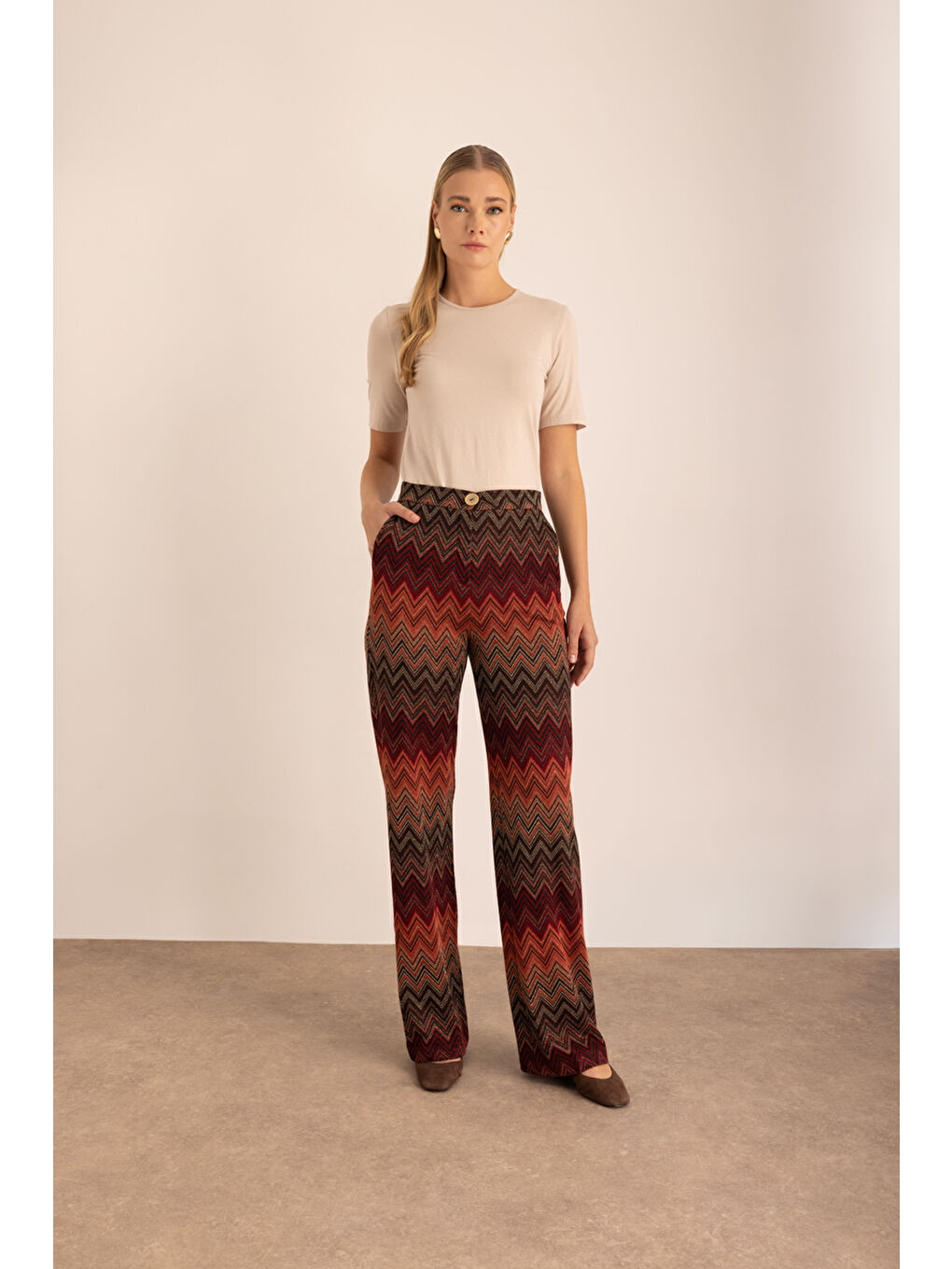 Kahverengi Desenli Örme Pantolon-1