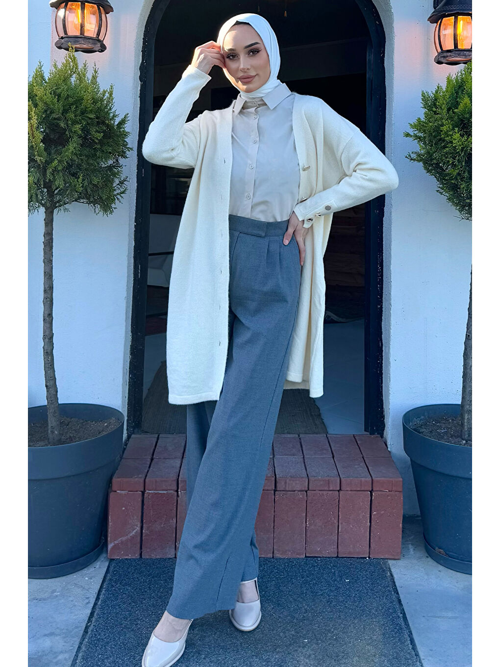 Gri Kadın Yüksek Bel Cırtlı Bol Paça Palazzo Tesettür Pantolon-3