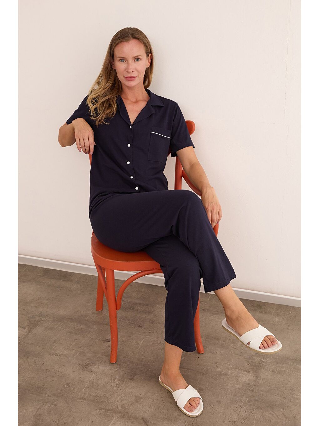 Lacivert Gömlek Yaka Düğmeli Kısa Kol Pijama Takımı