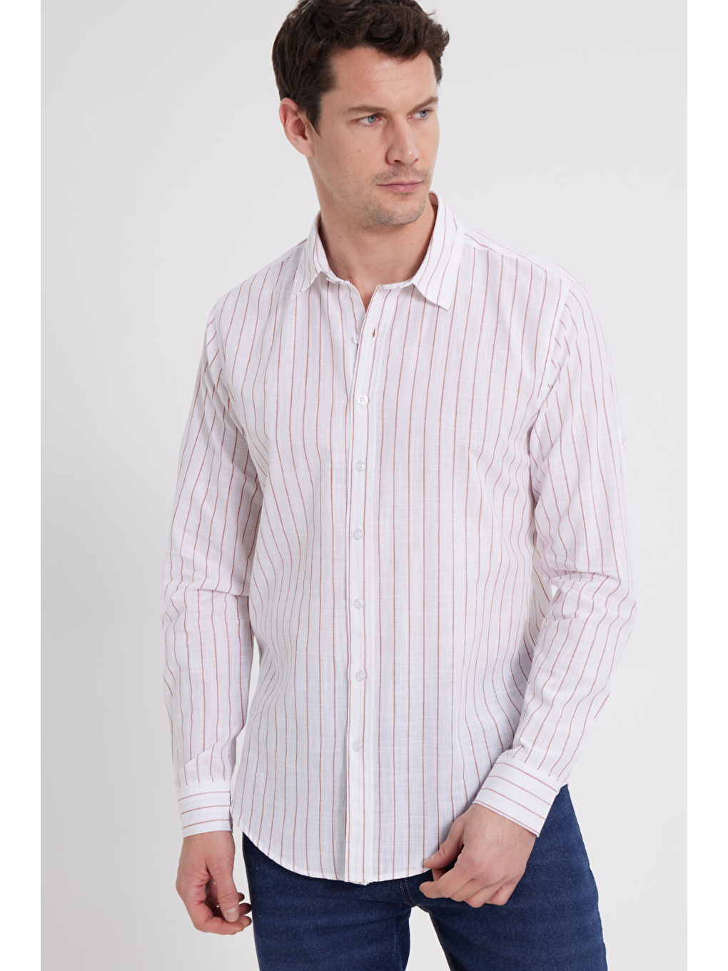 Karışık Erkek Slim Fit Dar Kesim Uzun Kollu %100 Pamuk Keten Doku Çizgili Gömlek-6