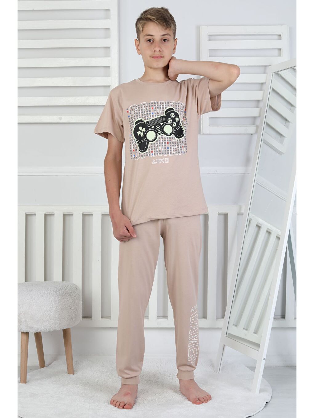 Bej Gamer Console Desenli Kısa Kollu Erkek Çocuk Pijama Takımı-3