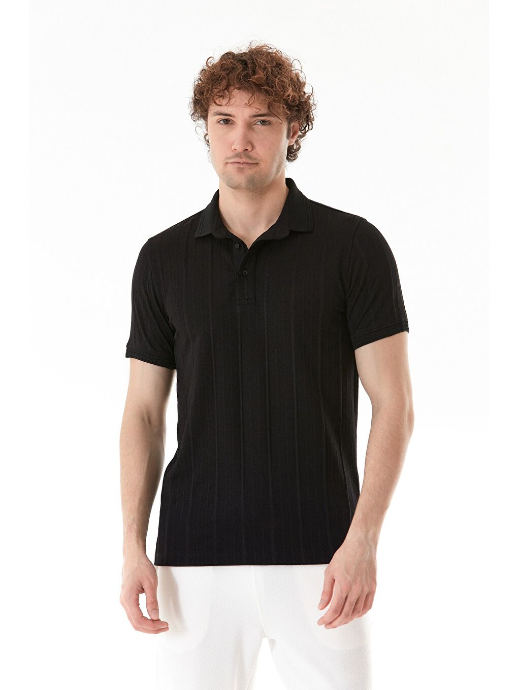 Siyah Şeritli Polo Yaka Slim Fit Tişört