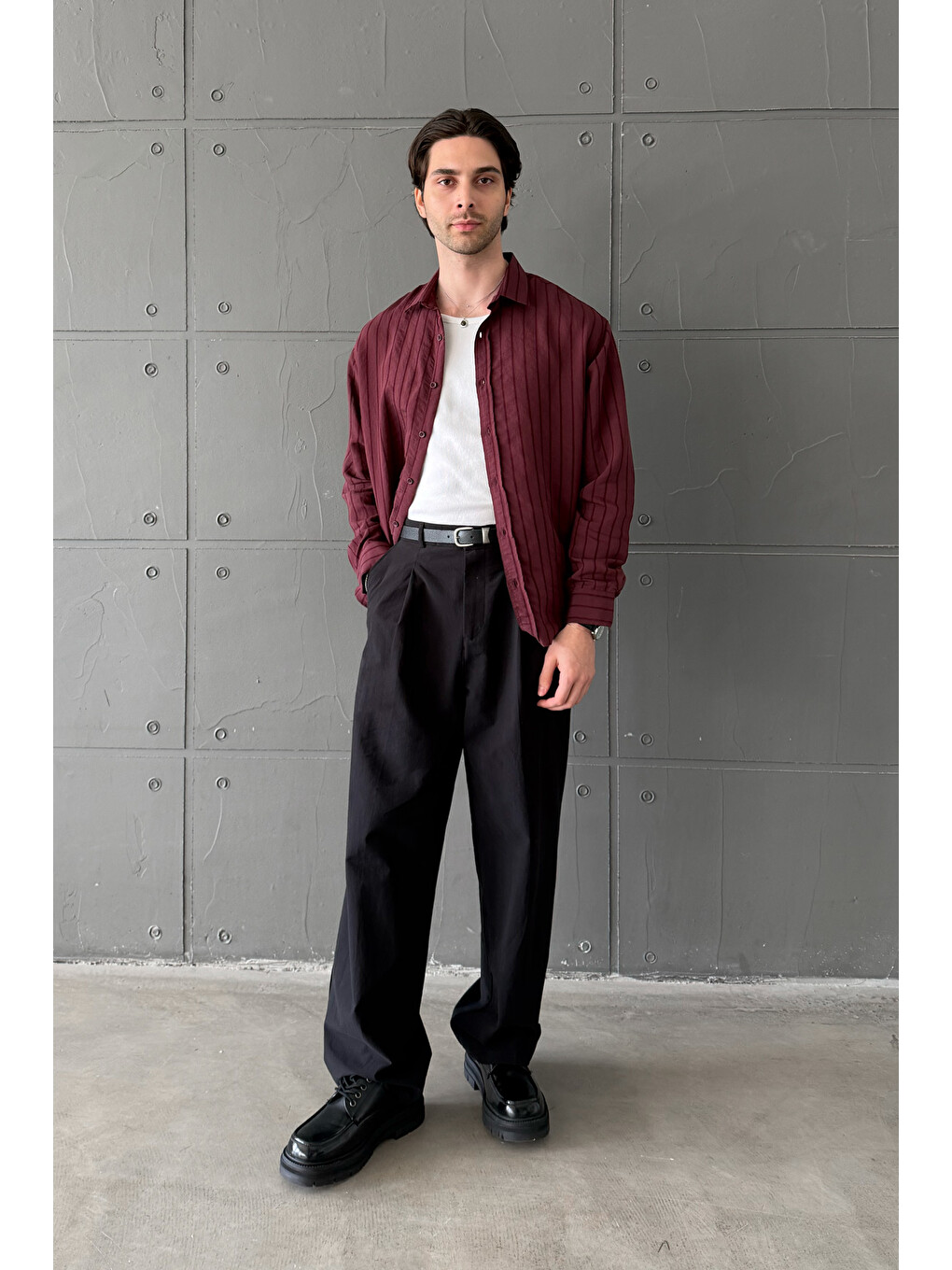 Bordo Erkek Oversize Çizgili Modal Gömlek-5