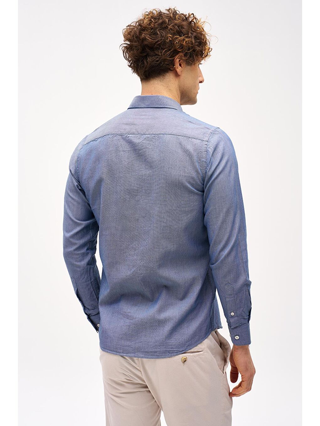 Lacivert Dynamic Fit Düğmeli Yaka Düz Uzun Kollu Cepsiz Pamuklu Gömlek-4