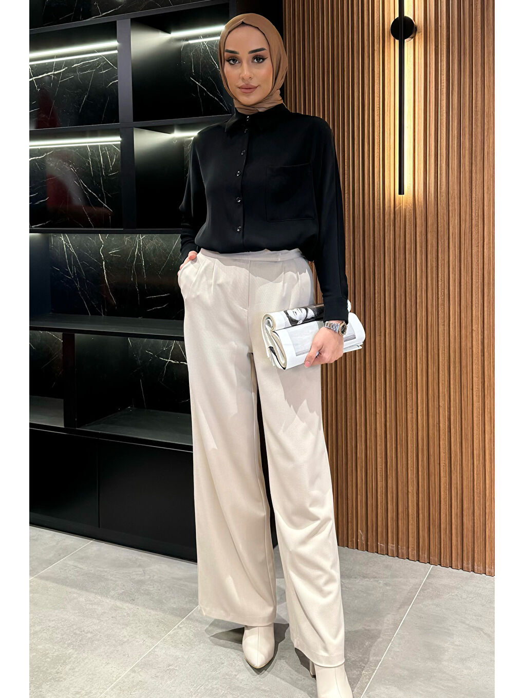 Bej Kadın Yüksek Bel Cırtlı Bol Paça Palazzo Tesettür Pantolon-3