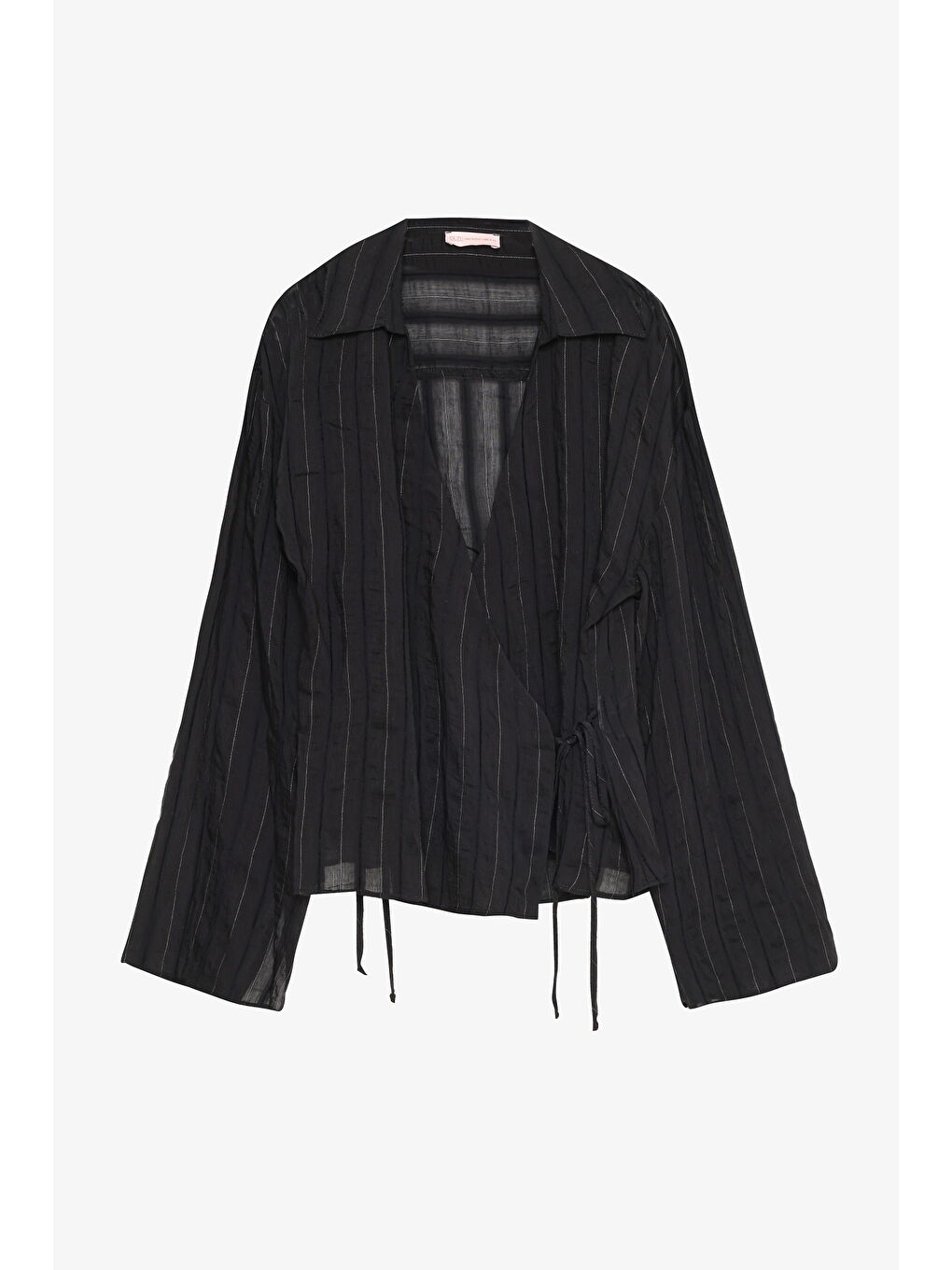 Anvelop Yaka Bağcıklı Tül Bluz Siyah-1