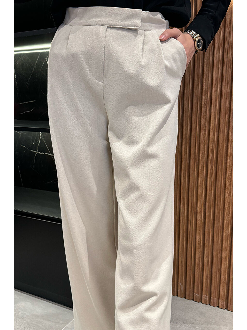 Bej Kadın Yüksek Bel Cırtlı Bol Paça Palazzo Tesettür Pantolon-5