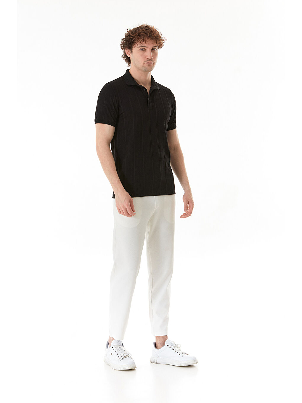Siyah Şeritli Polo Yaka Slim Fit Tişört-1