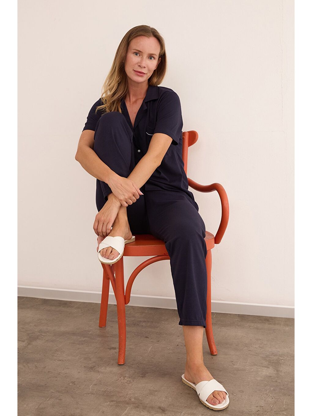 Lacivert Gömlek Yaka Düğmeli Kısa Kol Pijama Takımı-1