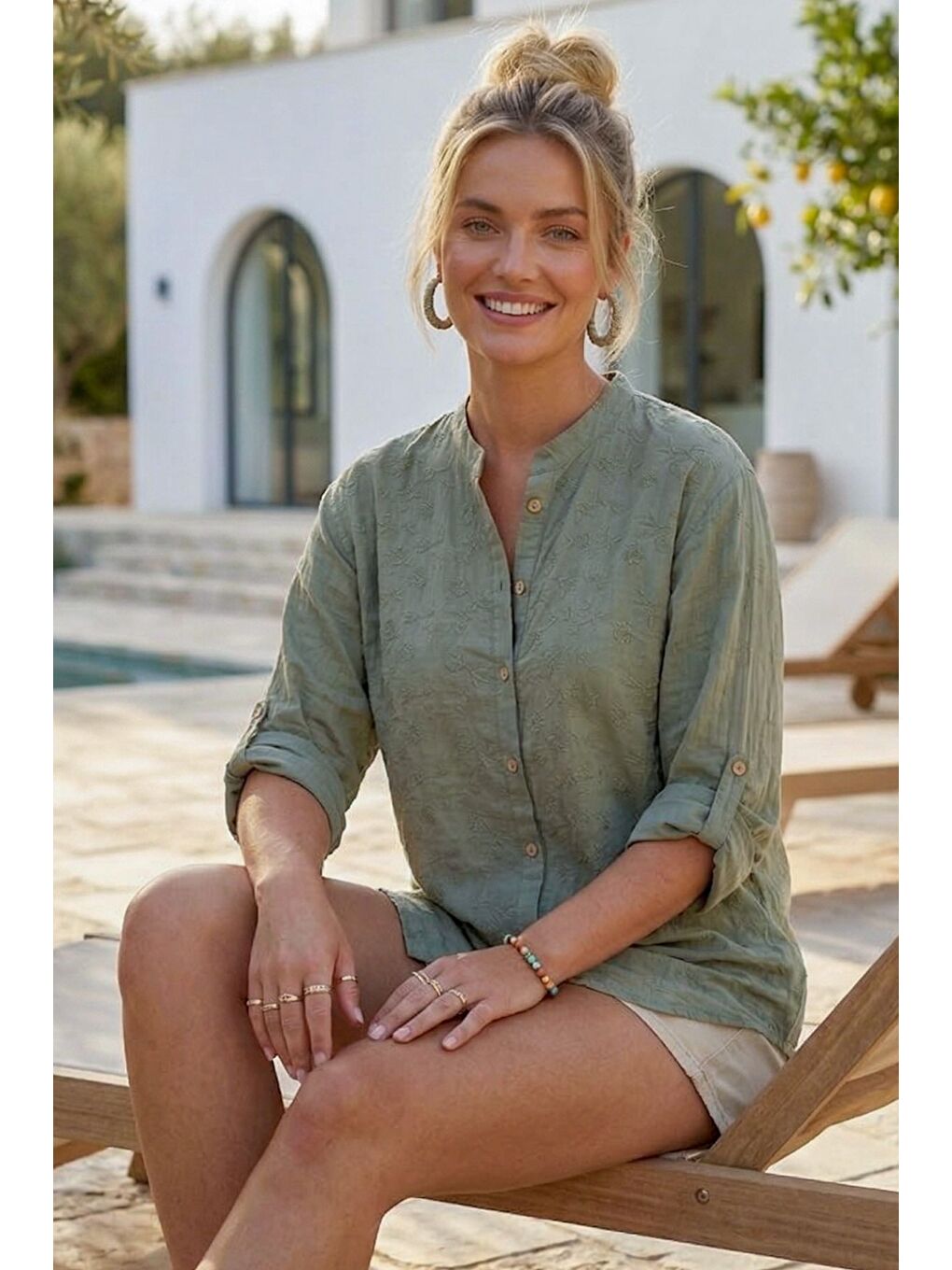 Haki Hakim Yaka Düğmeli Uzun Kollu Düğmeli Casual Müslin Dokuma Gömlek 75 63-2