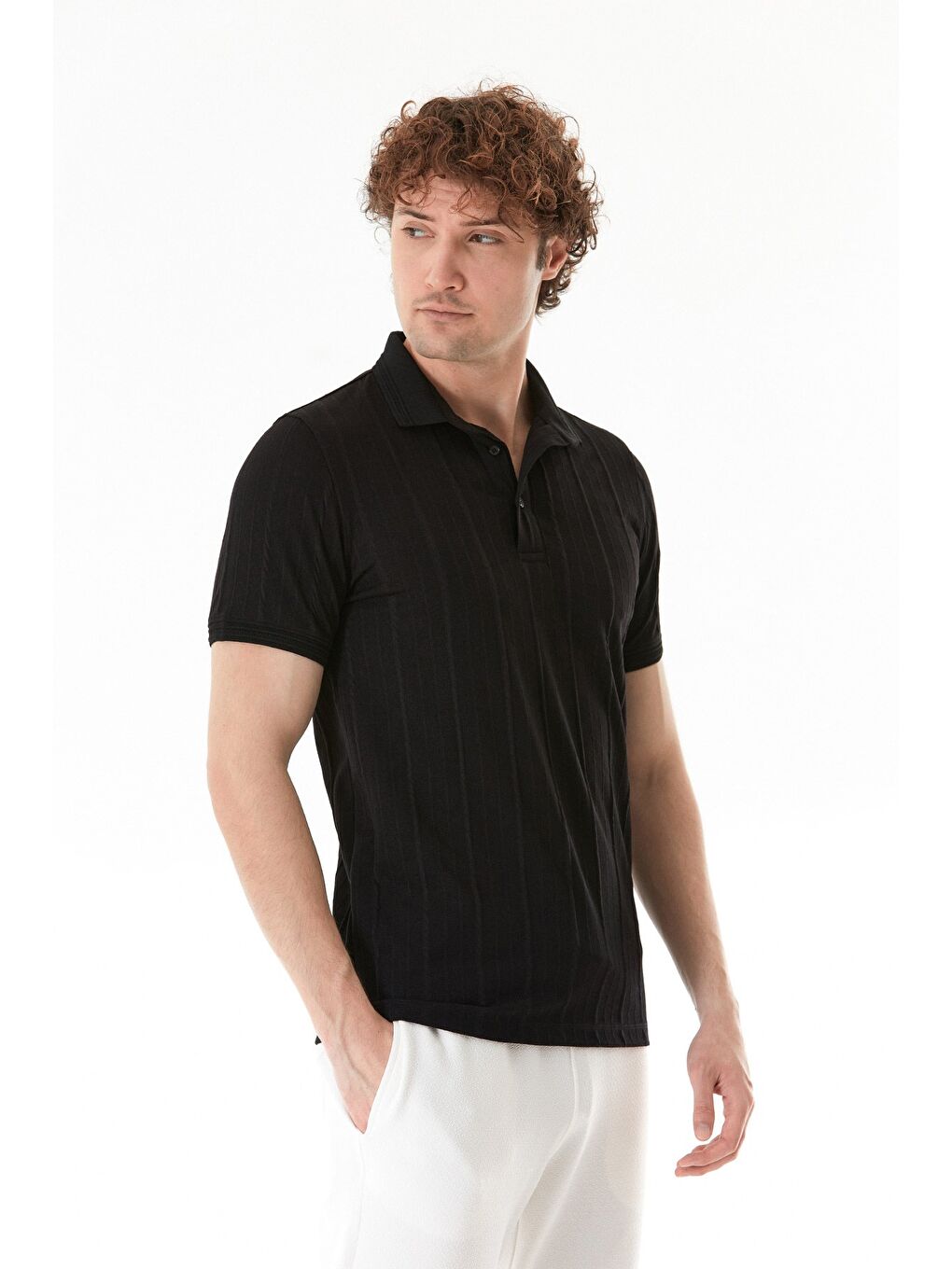 Siyah Şeritli Polo Yaka Slim Fit Tişört-2