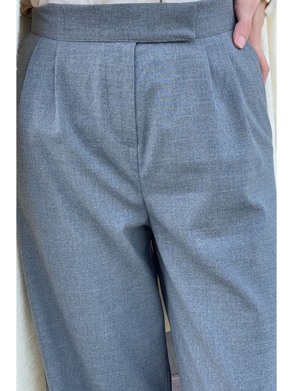 Gri Kadın Yüksek Bel Cırtlı Bol Paça Palazzo Tesettür Pantolon-5