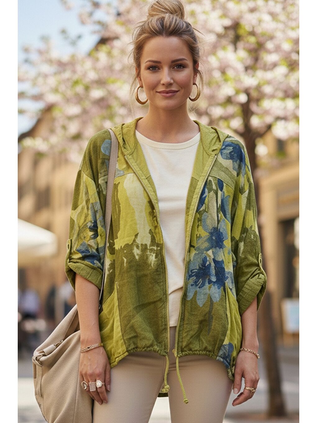 Yeşil İtalyan Limon Küfü Rengi Kapüşonlu 3/4 Kol Fermuarlı Cepli Keten Görünümlü Dokuma Ceket 68 65-1