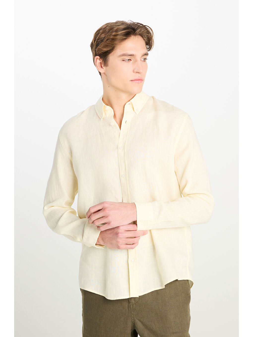 %100 Keten Regular Fit Normal Kesim Sarı Gömlek
