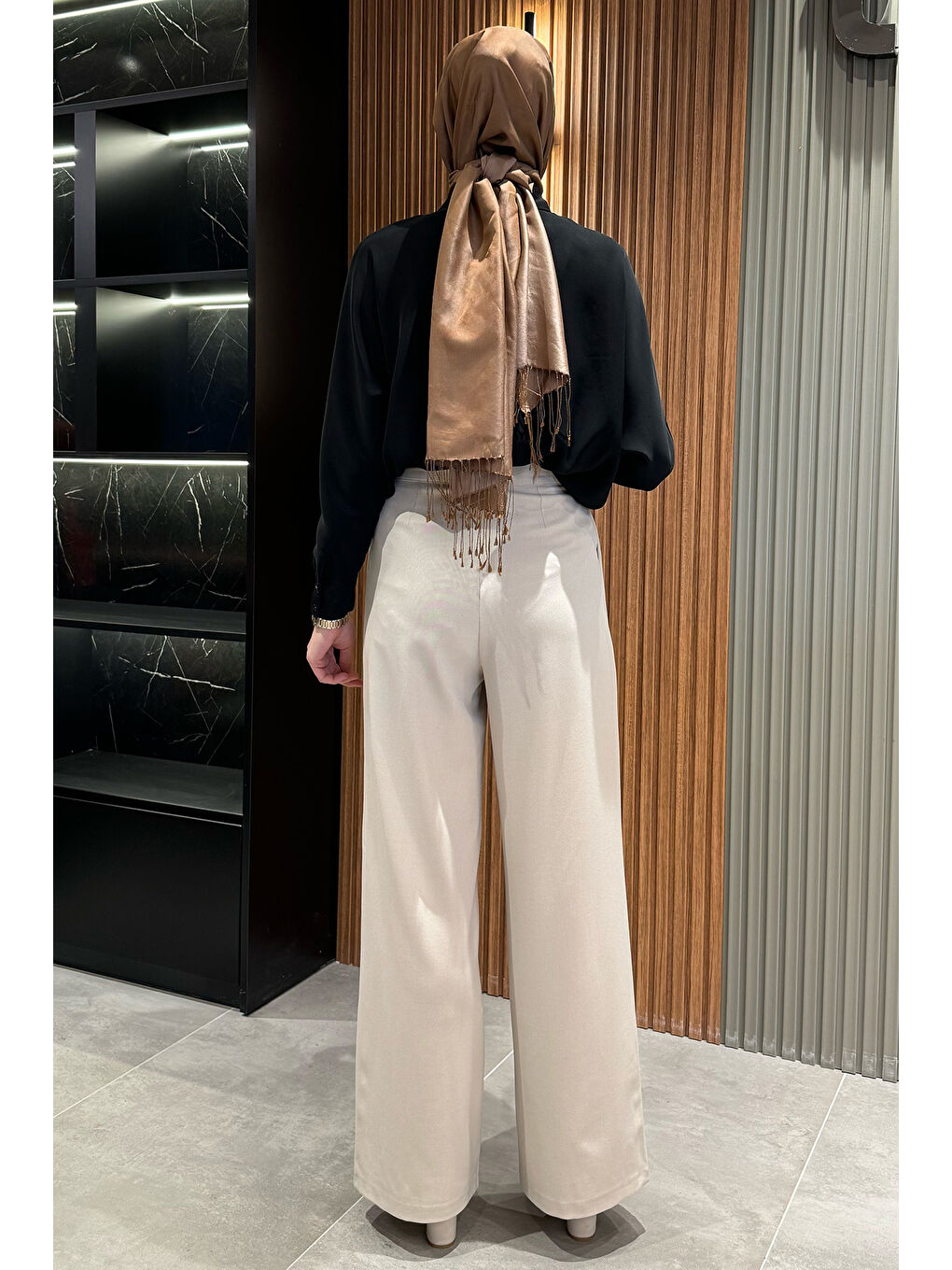 Bej Kadın Yüksek Bel Cırtlı Bol Paça Palazzo Tesettür Pantolon-7