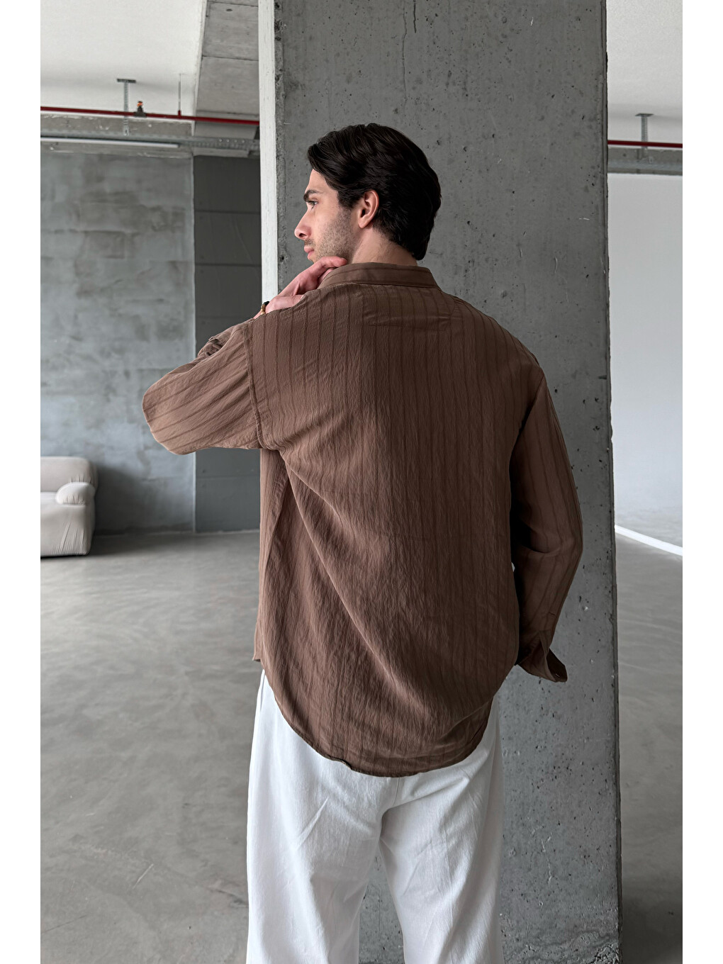 Kahverengi Erkek Oversize Çizgili Modal Gömlek-2