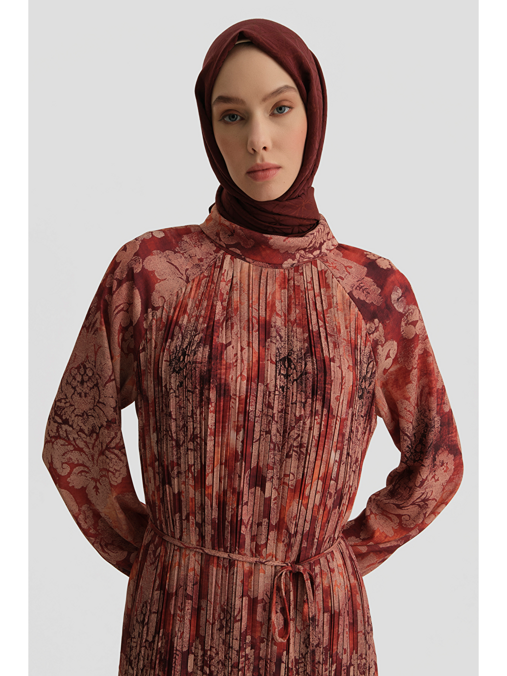 Desenli Elbise Bordo-5