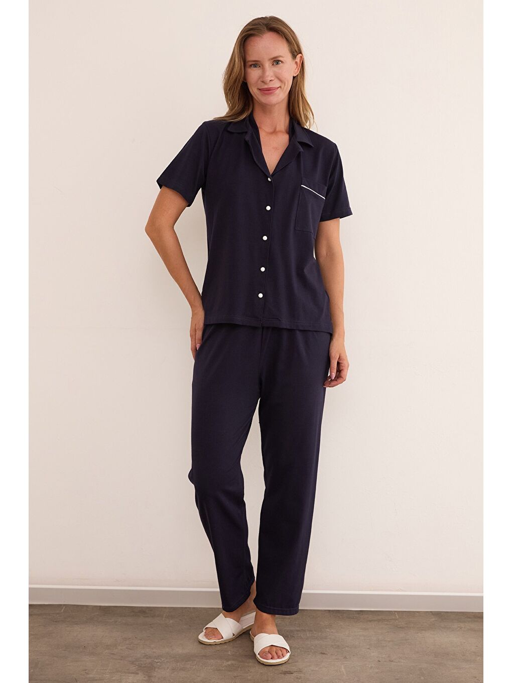 Lacivert Gömlek Yaka Düğmeli Kısa Kol Pijama Takımı-2