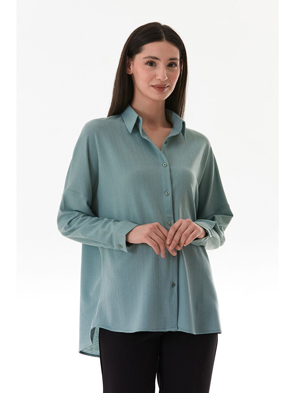 Turkuaz Basic Jakarlı Oversize Gömlek