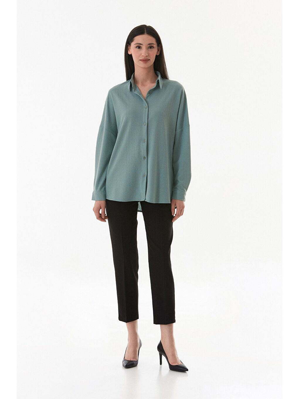 Turkuaz Basic Jakarlı Oversize Gömlek-1