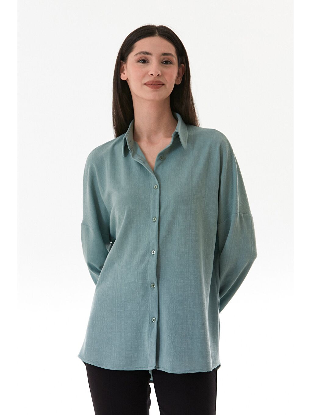Turkuaz Basic Jakarlı Oversize Gömlek-2