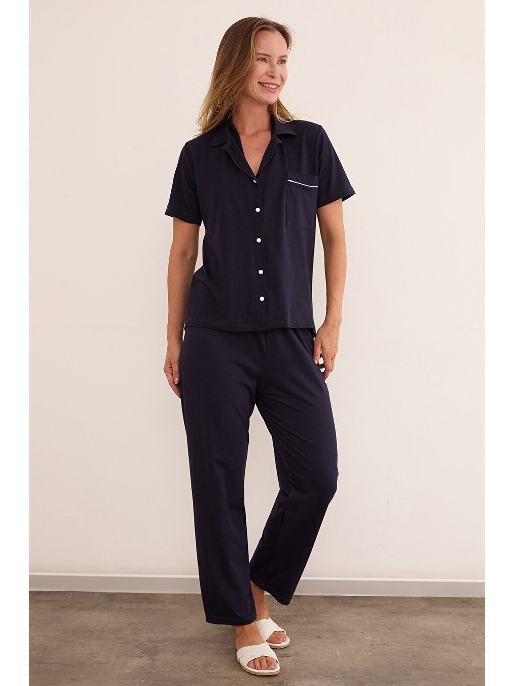 Lacivert Gömlek Yaka Düğmeli Kısa Kol Pijama Takımı-3