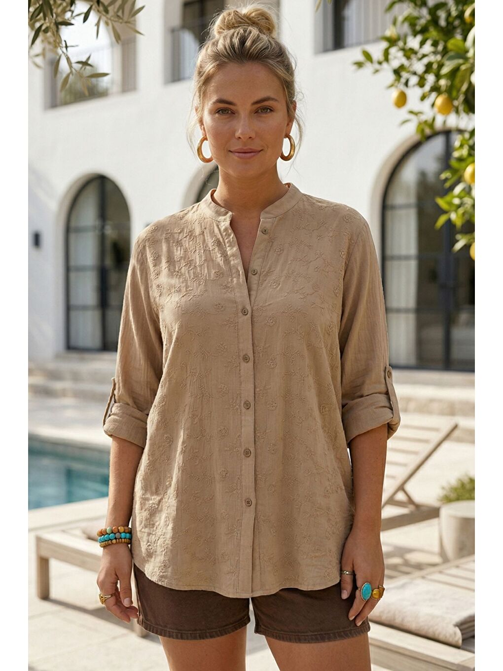 Koyu Bej Hakim Yaka Düğmeli Uzun Kollu Düğmeli Casual Müslin Dokuma Gömlek 75 63