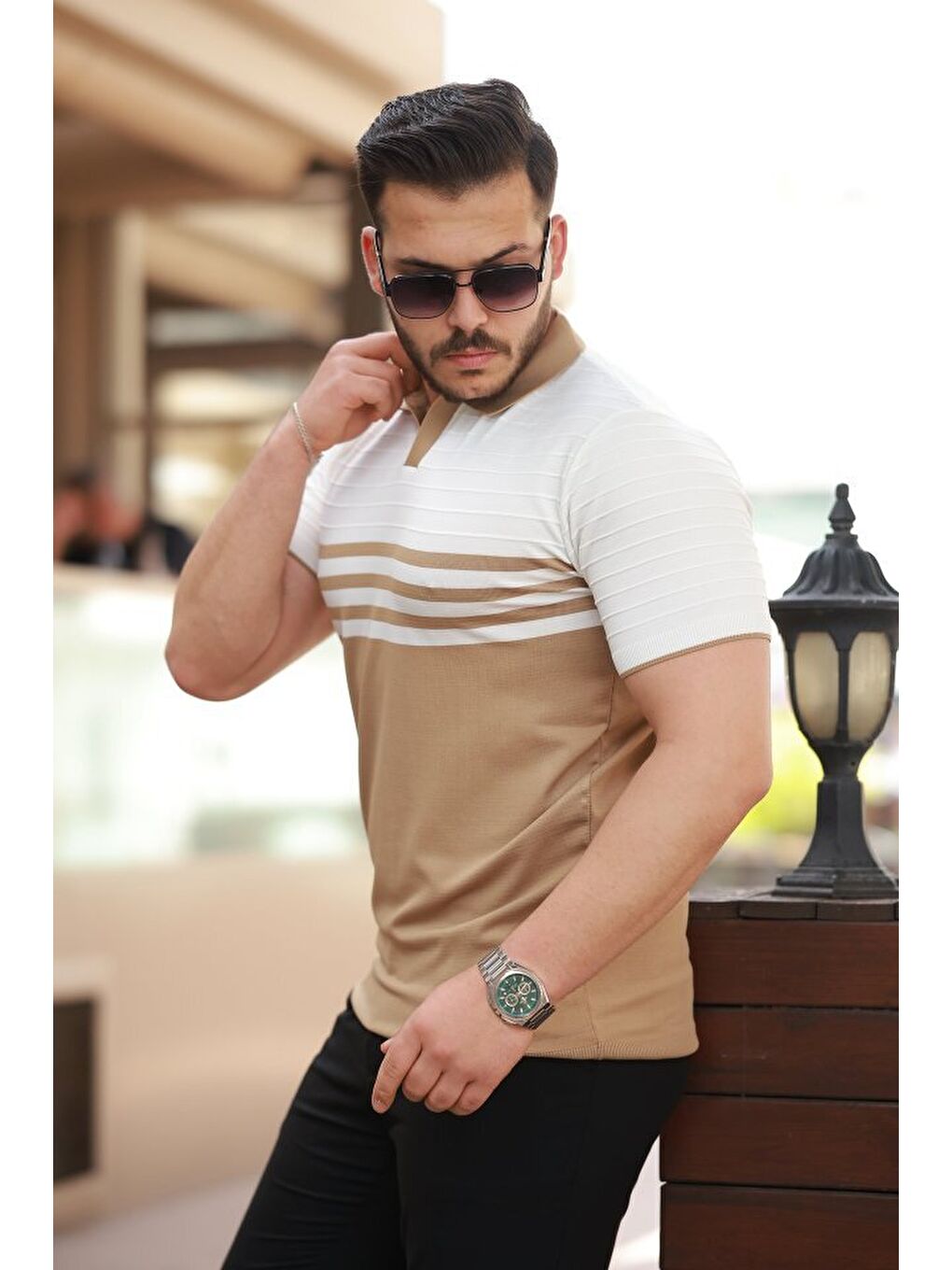 Kahverengi Erkek çizgi Desenli Yakalı Kısa Kollu T-shirt-1