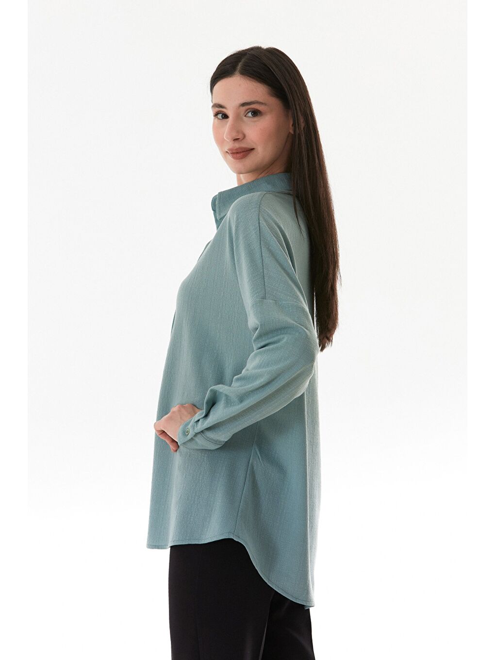 Turkuaz Basic Jakarlı Oversize Gömlek-4