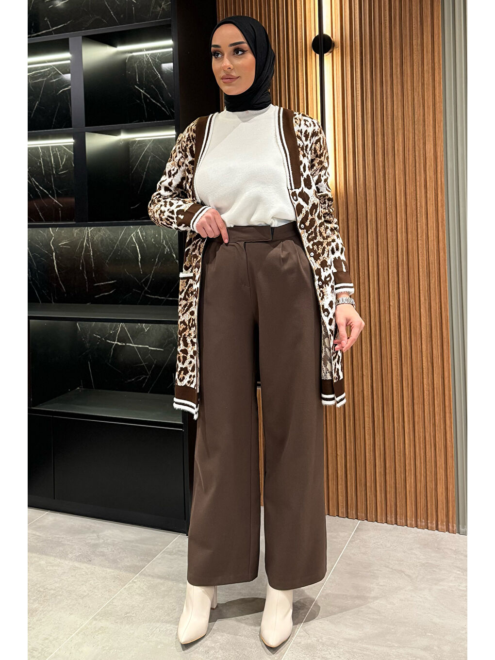 Kahverengi Kadın Yüksek Bel Cırtlı Bol Paça Palazzo Tesettür Pantolon-1