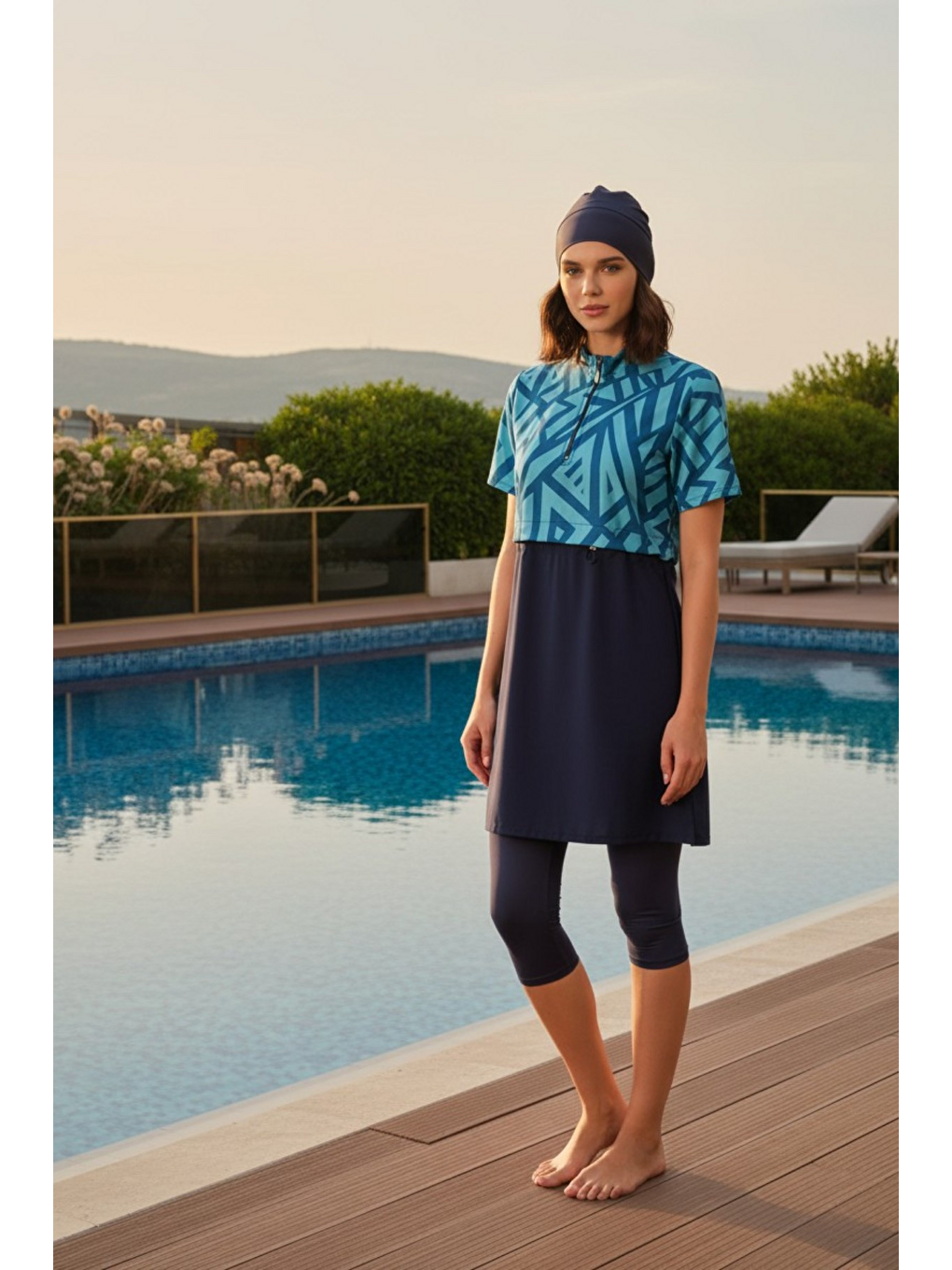 Lacivert Hızlı Kuruyan Esnek Paraşüt Kumaş 4 Parça Kısa Kollu Yarı Kapalı Mayo 3417-1