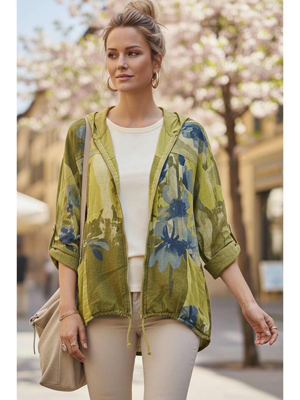 Yeşil İtalyan Limon Küfü Rengi Kapüşonlu 3/4 Kol Fermuarlı Cepli Keten Görünümlü Dokuma Ceket 68 65-2