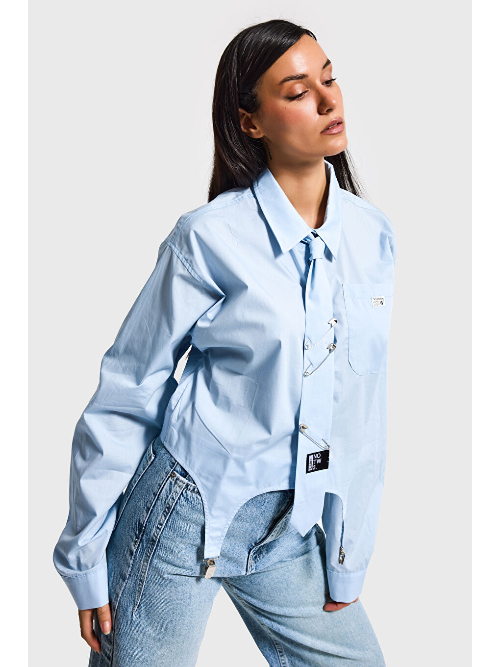 Kadın Mavi Renk Kravatlı Tasarım Bol Kesim Gömlek