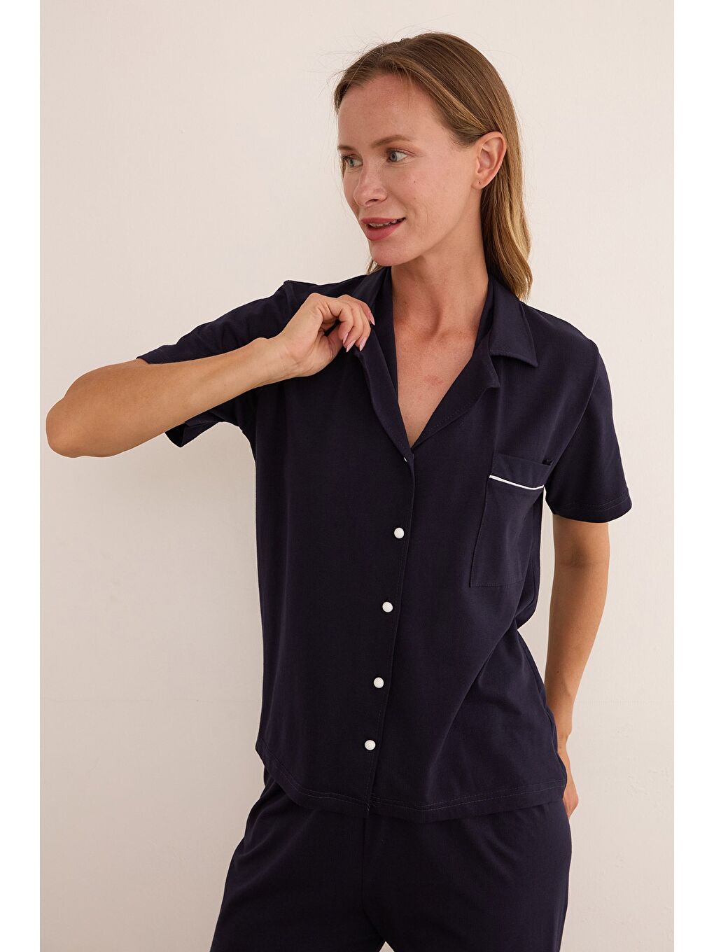 Lacivert Gömlek Yaka Düğmeli Kısa Kol Pijama Takımı-4