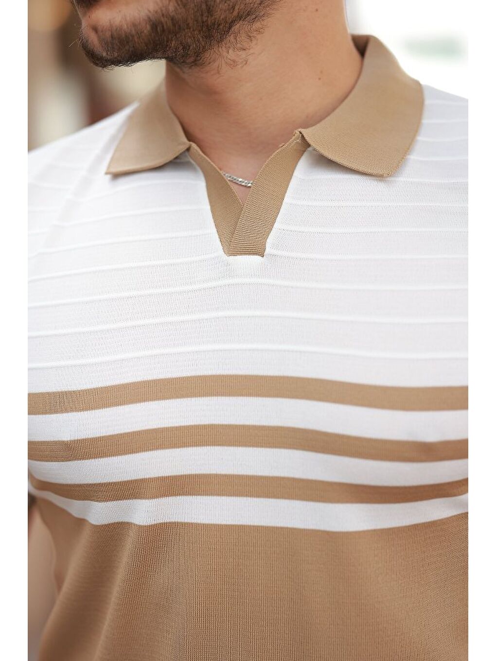 Kahverengi Erkek çizgi Desenli Yakalı Kısa Kollu T-shirt-2