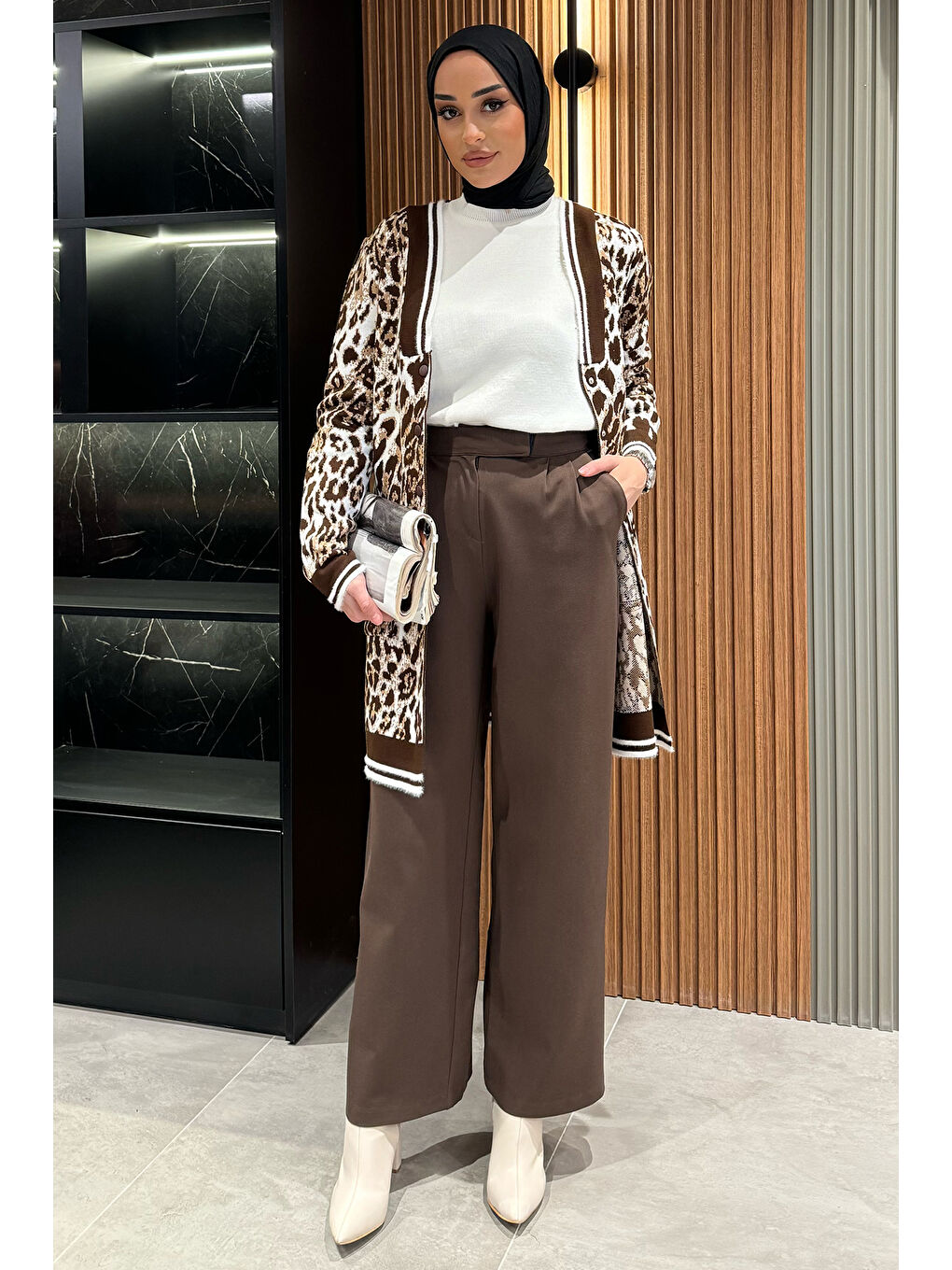 Kahverengi Kadın Yüksek Bel Cırtlı Bol Paça Palazzo Tesettür Pantolon-3