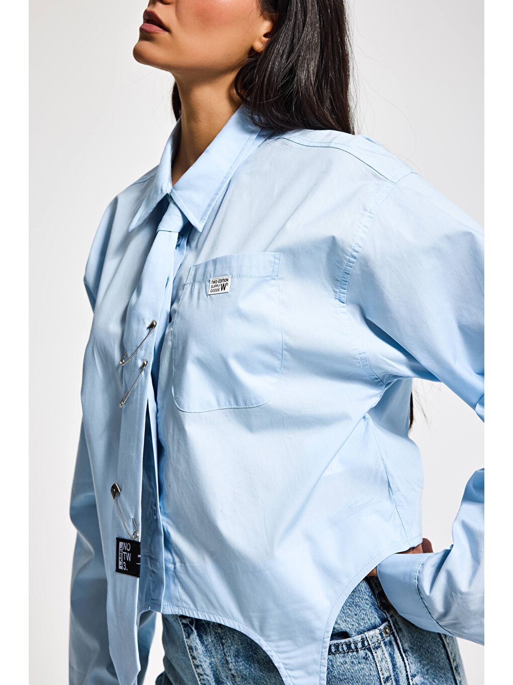 Kadın Mavi Renk Kravatlı Tasarım Bol Kesim Gömlek-1