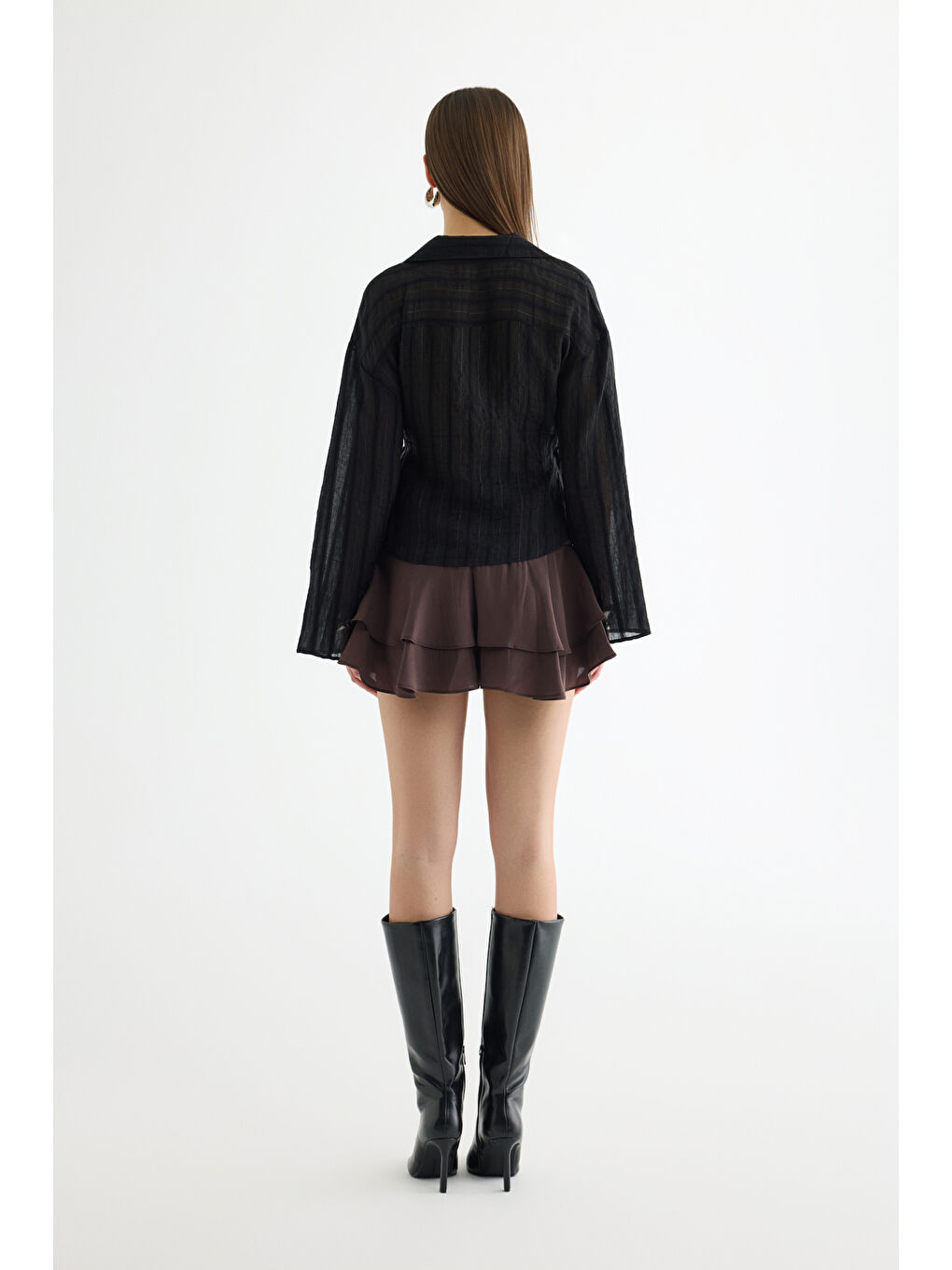 Anvelop Yaka Bağcıklı Tül Bluz Siyah-4