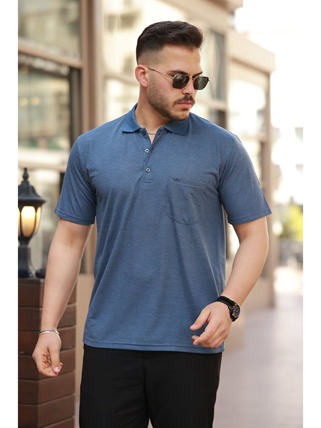 İndigo Erkek Yakalı Mini Jakarlı Kısa Kollu T-shirt