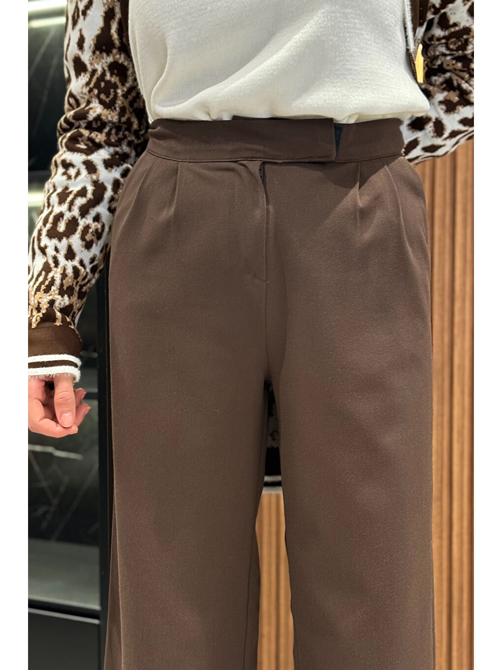 Kahverengi Kadın Yüksek Bel Cırtlı Bol Paça Palazzo Tesettür Pantolon-4