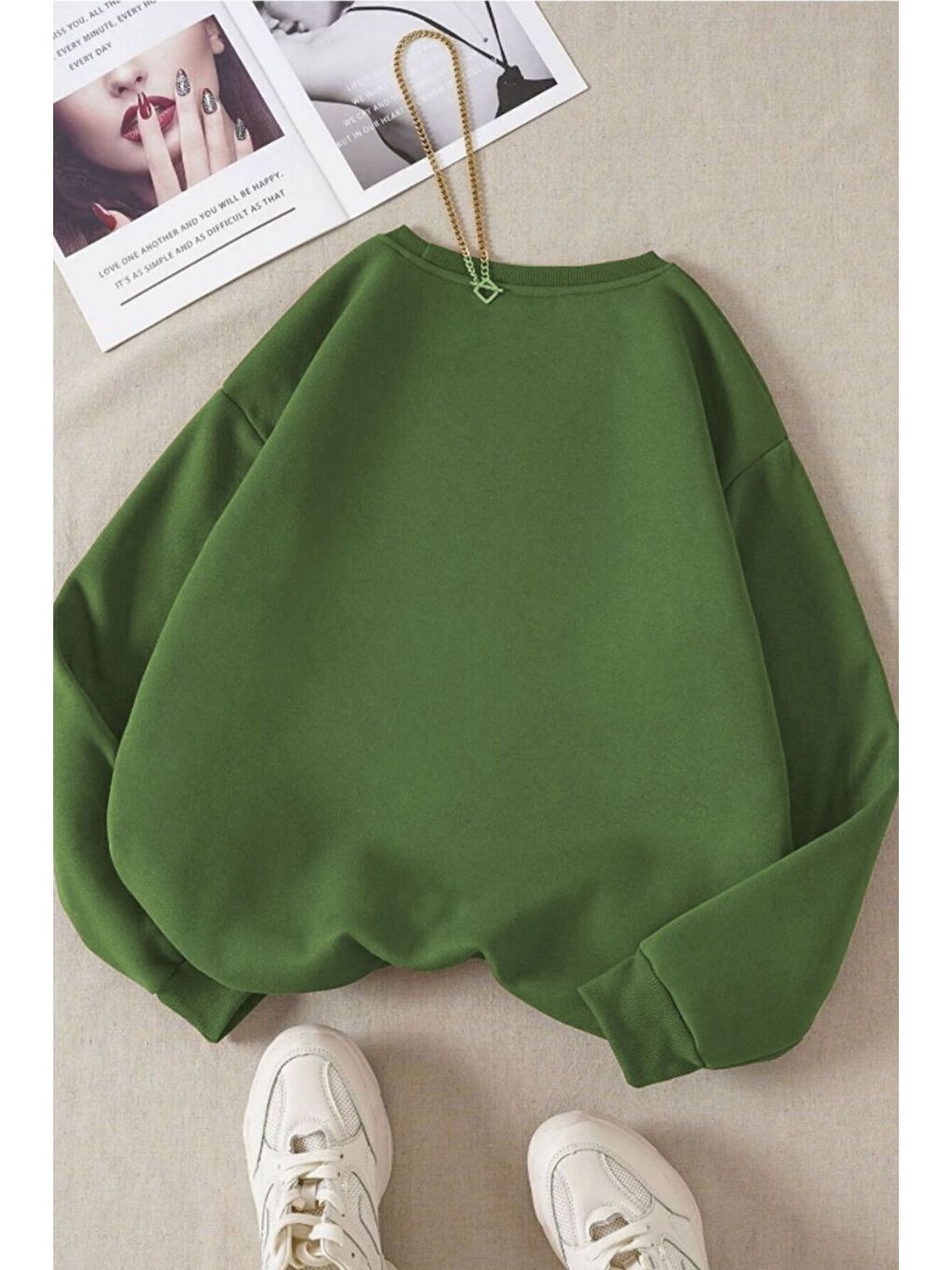 Kadın 3 Iplik Haki Düz Bisiklet Yaka Sweatshirt-1