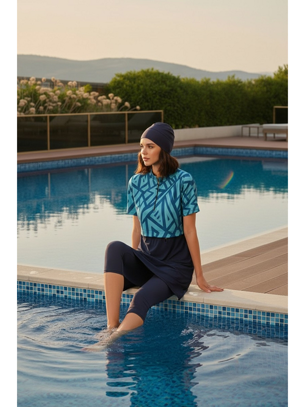 Lacivert Hızlı Kuruyan Esnek Paraşüt Kumaş 4 Parça Kısa Kollu Yarı Kapalı Mayo 3417-3