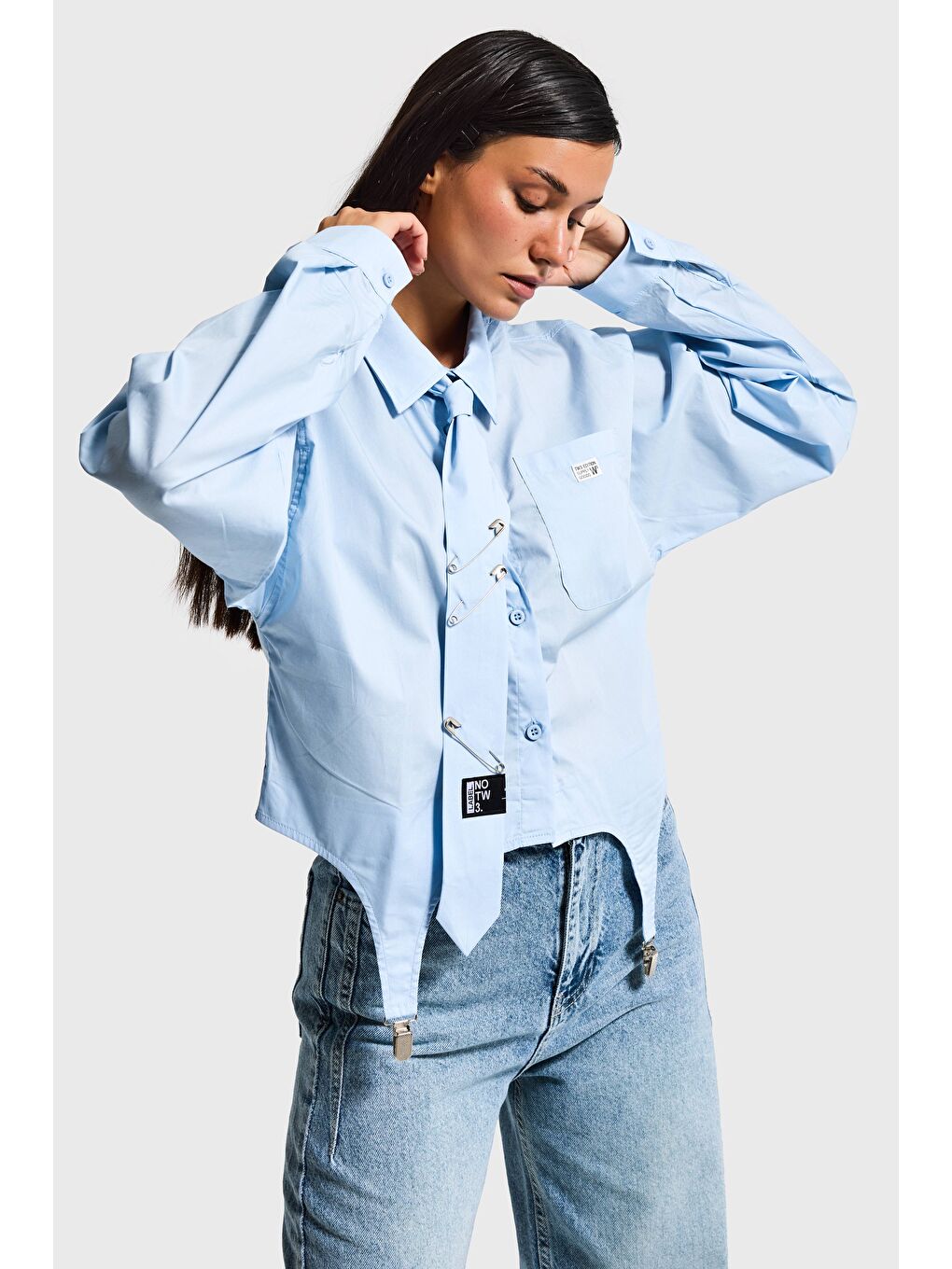 Kadın Mavi Renk Kravatlı Tasarım Bol Kesim Gömlek-2