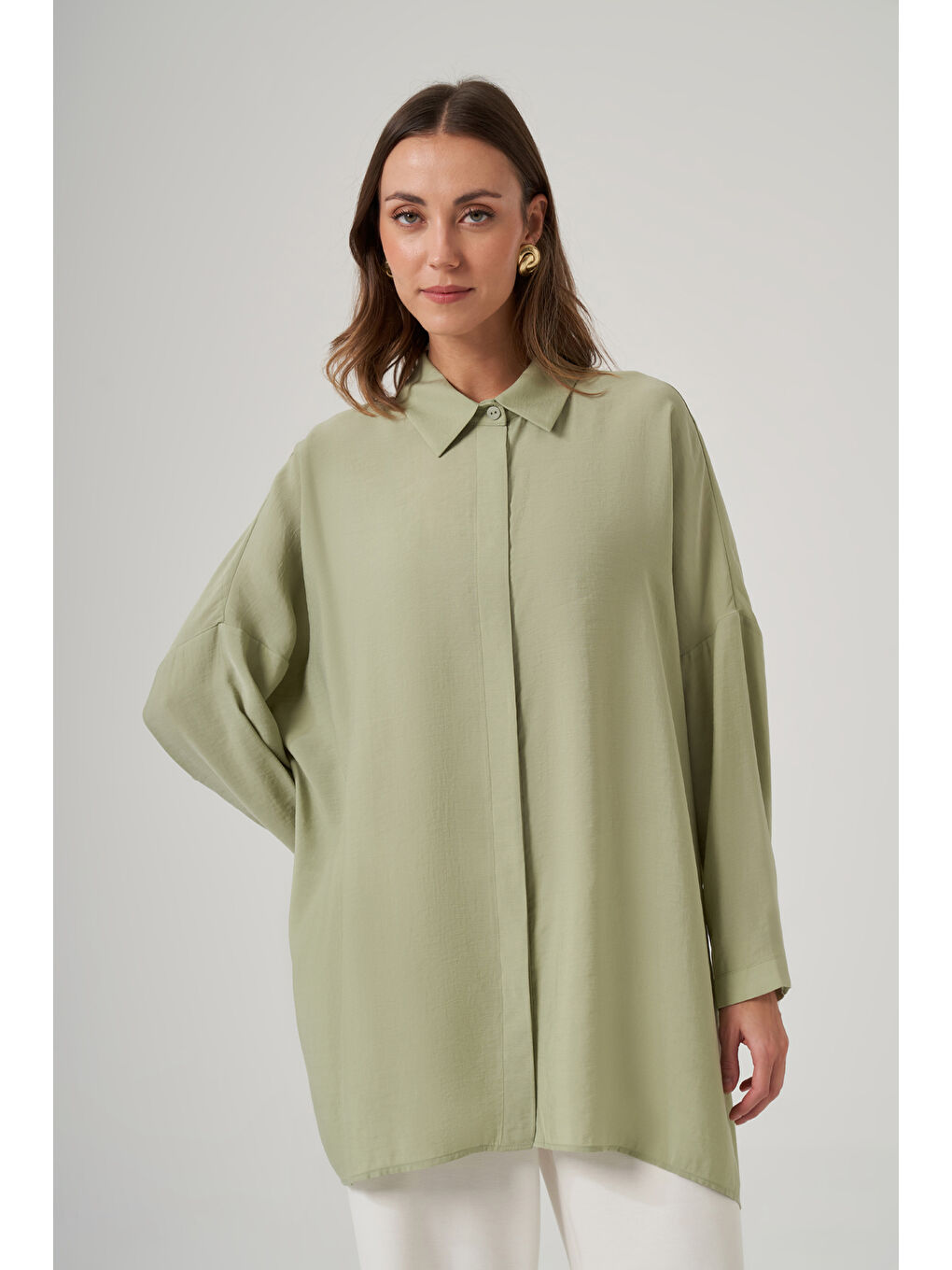 Yeşil Oversize Basic Yazlık Gömlek 3001 Menta