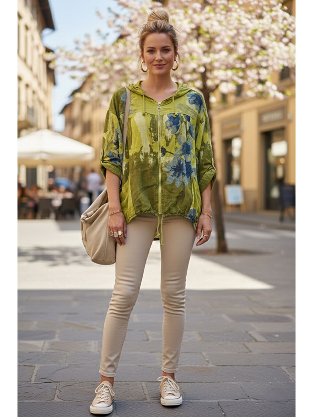 Yeşil İtalyan Limon Küfü Rengi Kapüşonlu 3/4 Kol Fermuarlı Cepli Keten Görünümlü Dokuma Ceket 68 65-3